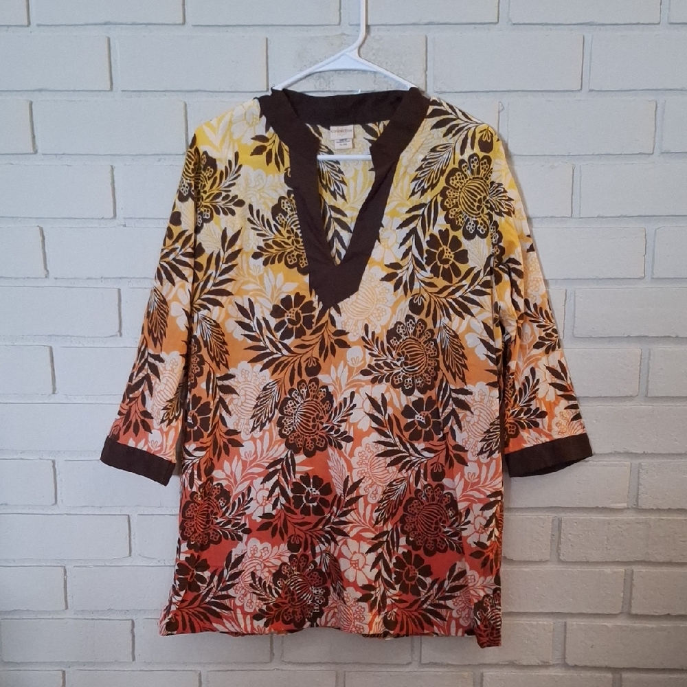 Covingrin 100% Cotton Lightweight Vibrant Floral V-Neck Tunic Top. Size XL NWOT